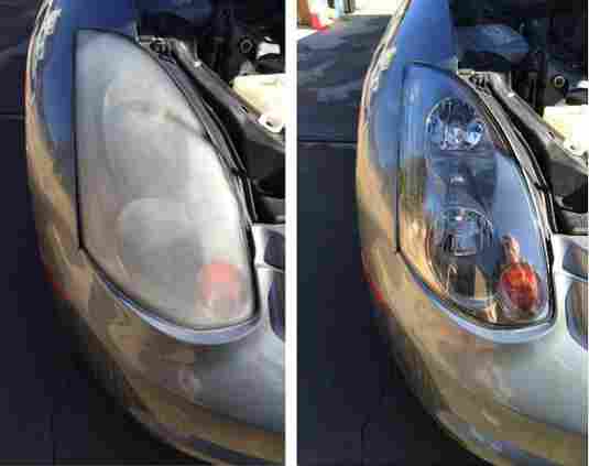 showing before and after shots of using headlight restoration compound